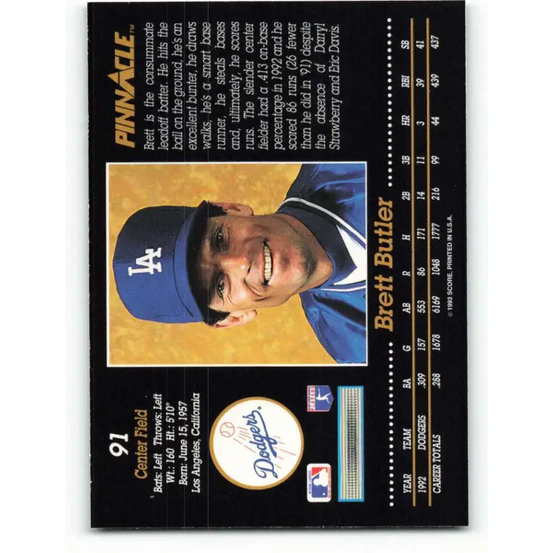 1993 Pinnacle #91 Brett Butler NM-MT Los Angeles Dodgers Baseball Card - Baseball Card Single