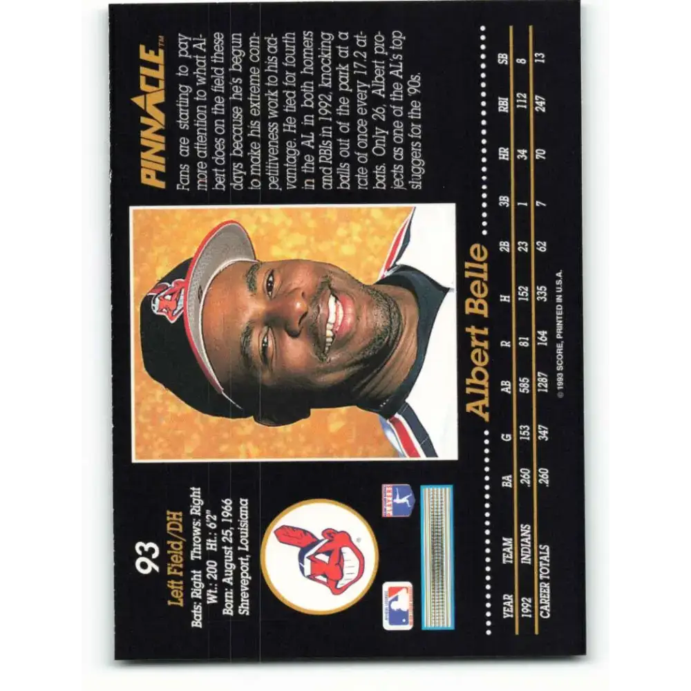 1993 Pinnacle #93 Albert Belle NM-MT Cleveland Indians Baseball Card - Baseball Card Single