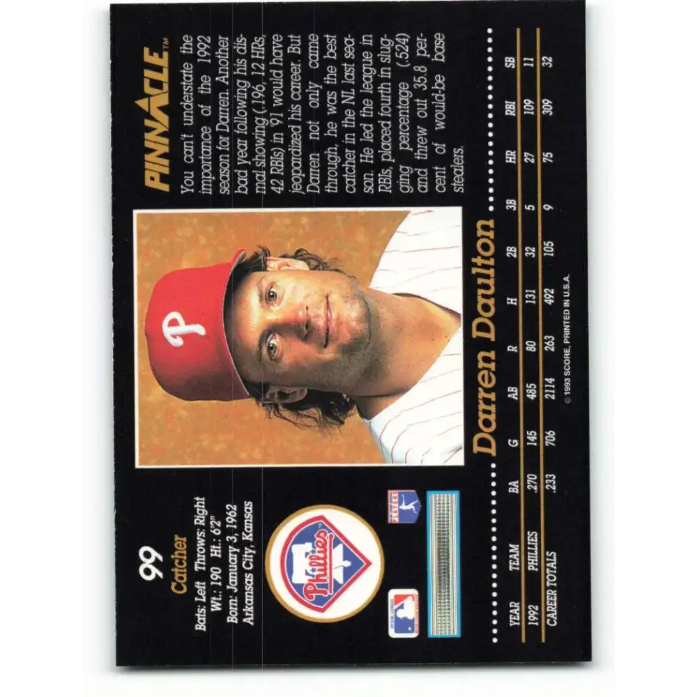 1993 Pinnacle #99 Darren Daulton NM-MT Philadelphia Phillies Baseball Card - Baseball Card Single