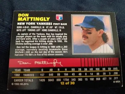 1993 Post #12 Don Mattingly NY Yankees. EX-NRMT - Baseball Card Single
