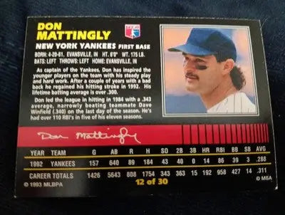 1993 Post #12 Don Mattingly NY Yankees. EX-NRMT - Baseball Card Single