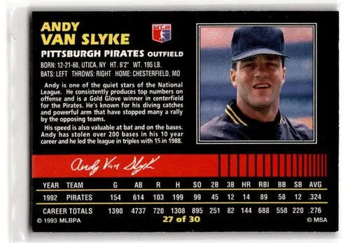 1993 Post Cereal #27 Andy Van Slyke Pittsburgh Pirates Baseball Card ID:52655 - Baseball Card Single