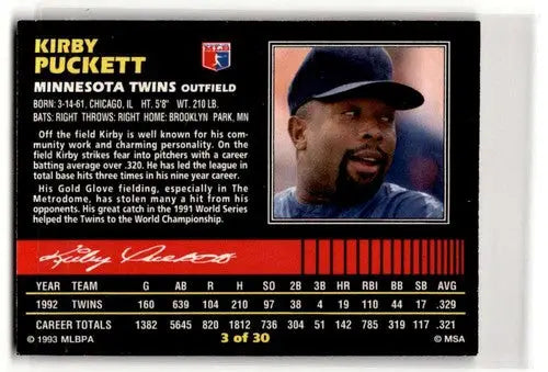 1993 Post Cereal #3 Kirby Puckett Minnesota Twins Baseball Cards ID:52658 - Baseball Card Single