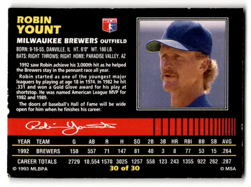 1993 Post Cereal #30 Robin Yount EX Excellent Brewers ID:52832 - Baseball Card Single