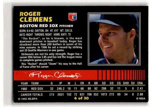 1993 Post Cereal #4 Roger Clemens Boston Red Sox Baseball Cards ID:52659 - Baseball Card Single