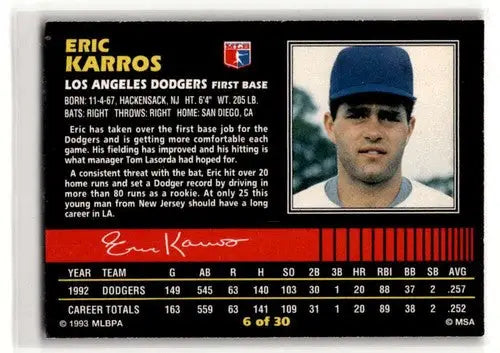 1993 Post Cereal #6 Eric Karros Los Angeles Dodgers Baseball Cards ID:52661 - Baseball Card Single