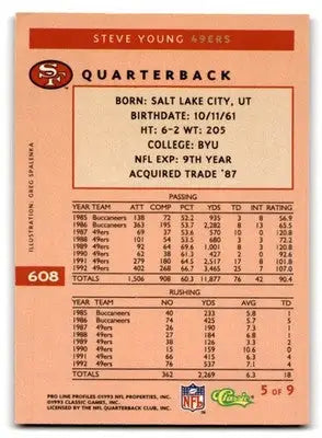 1993 Pro Line Profiles Football Steve Young #5 49ers - Football Card Single