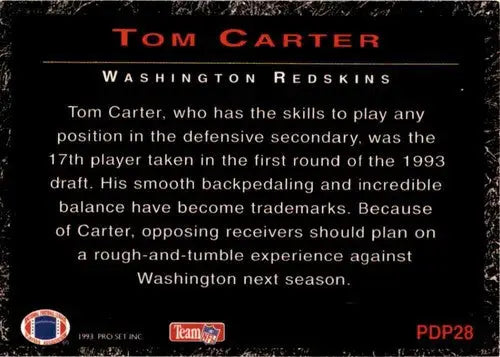 Original gloss Tom Carter football card from Pro Set Power 1993 Draft Picks series
