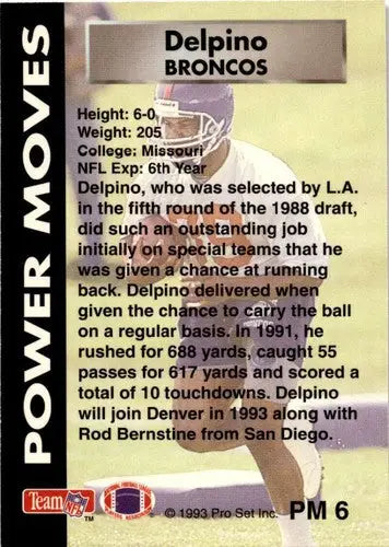 Original gloss football card back from 1993 Pro Set Power Robert Delpino