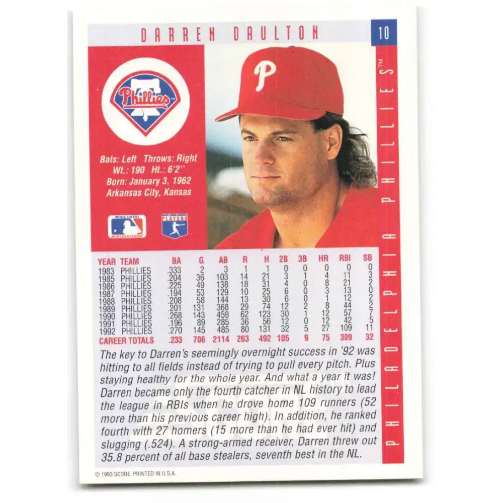 1993 Score #10 Darren Daulton NM-MT Philadelphia Phillies Baseball Card - Baseball Card Single