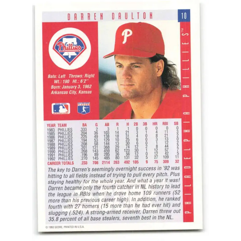 1993 Score #10 Darren Daulton NM-MT Philadelphia Phillies Baseball Card - Baseball Card Single