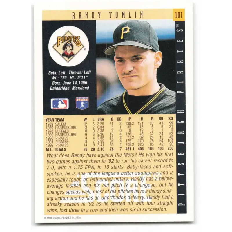 1993 Score #101 Randy Tomlin NM-MT Pittsburgh Pirates Baseball Card - Baseball Card Single