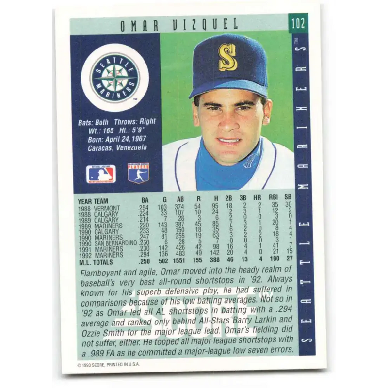 1993 Score #102 Omar Vizquel NM-MT Seattle Mariners Baseball Card - Baseball Card Single