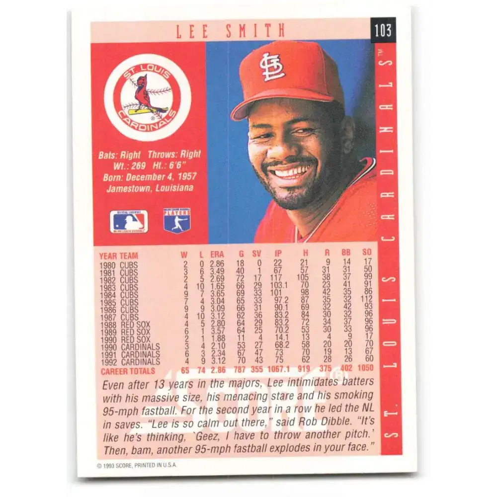 1993 Score #103 Lee Smith NM-MT St. Louis Cardinals Baseball Card - Baseball Card Single