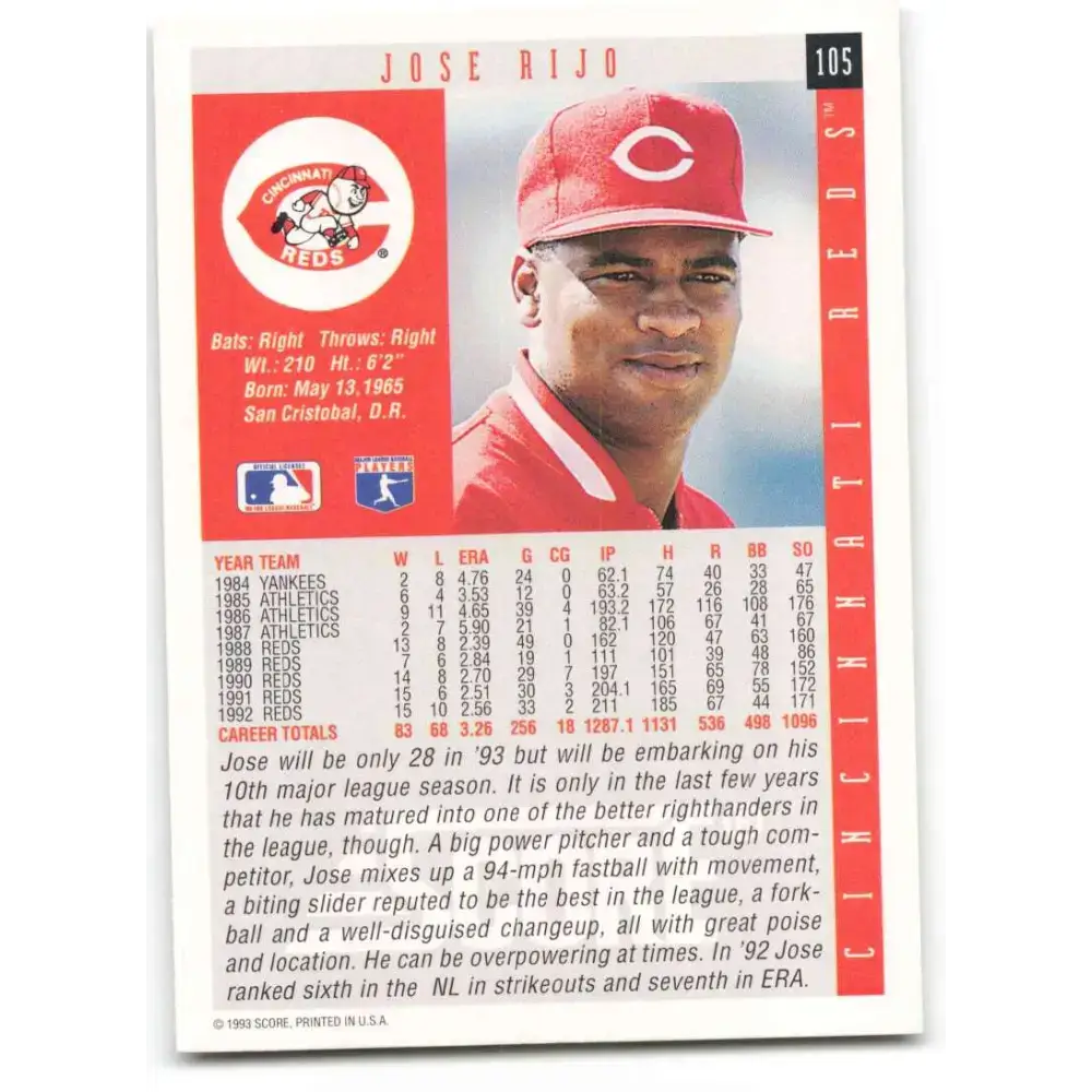 1993 Score #105 Jose Rijo NM-MT Cincinnati Reds Baseball Card - Baseball Card Single