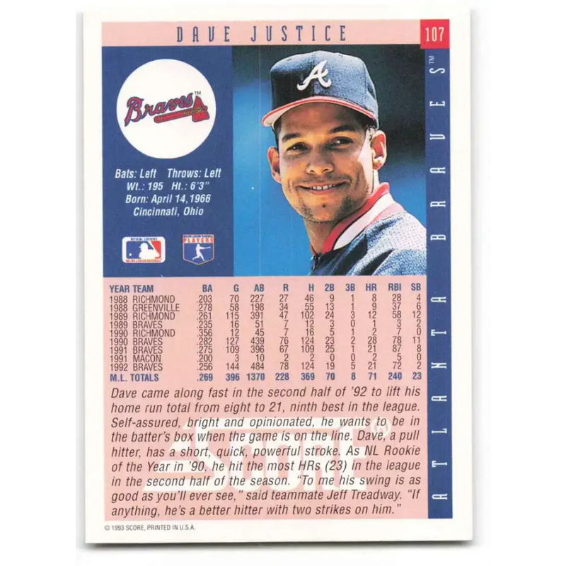 1993 Score #107 David Justice NM-MT Atlanta Braves Baseball Card - Baseball Card Single