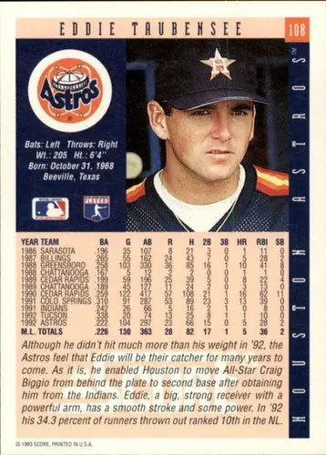 Eddie Taubensee baseball card with original gloss in 1993 Score #108 NM-MT Astros