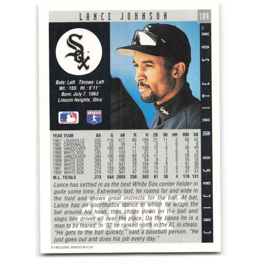 1993 Score #109 Lance Johnson NM-MT Chicago White Sox Baseball Card - Baseball Card Single