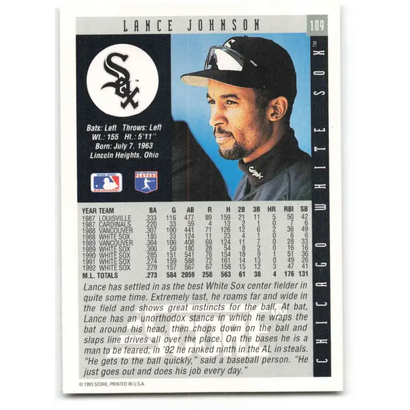 1993 Score #109 Lance Johnson NM-MT Chicago White Sox Baseball Card - Baseball Card Single