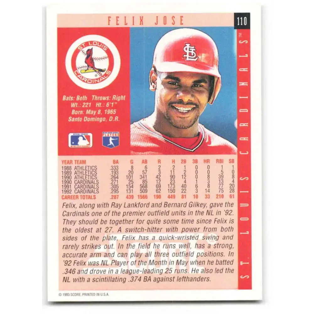 1993 Score #110 Felix Jose NM-MT St. Louis Cardinals Baseball Card - Baseball Card Single