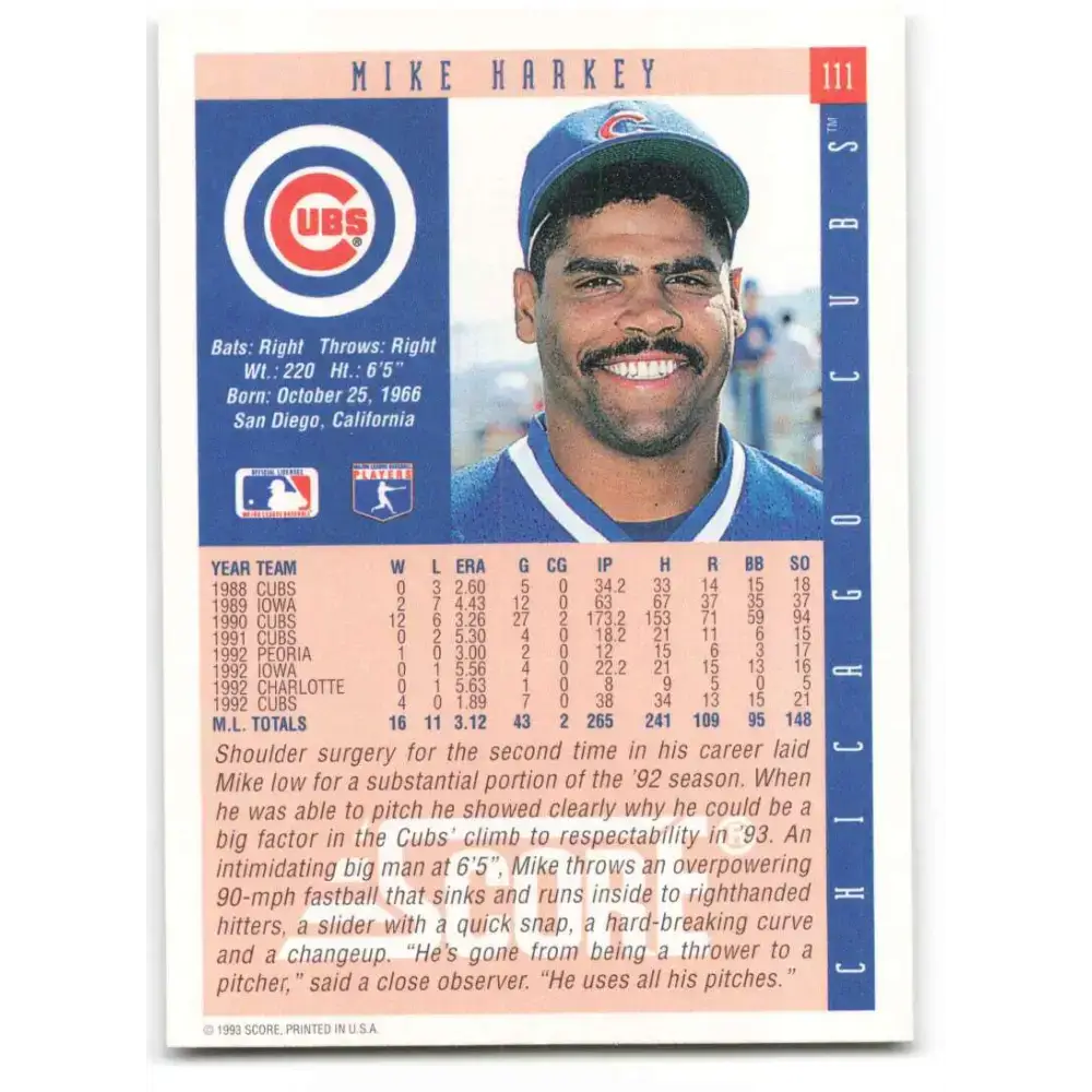 1993 Score #111 Mike Harkey NM-MT Chicago Cubs Baseball Card - Baseball Card Single