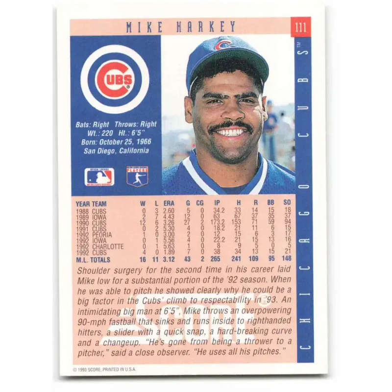 1993 Score #111 Mike Harkey NM-MT Chicago Cubs Baseball Card - Baseball Card Single