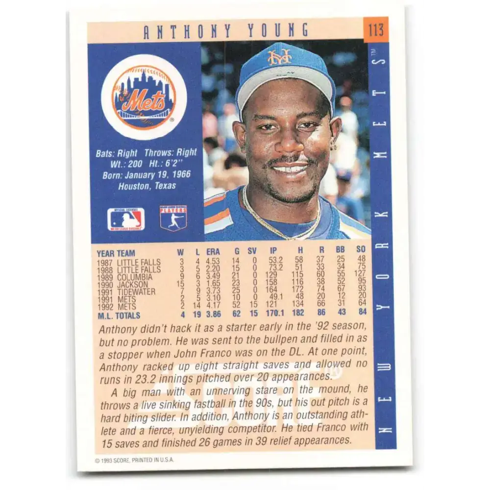 1993 Score #113 Anthony Young NM-MT New York Mets Baseball Card - Baseball Card Single