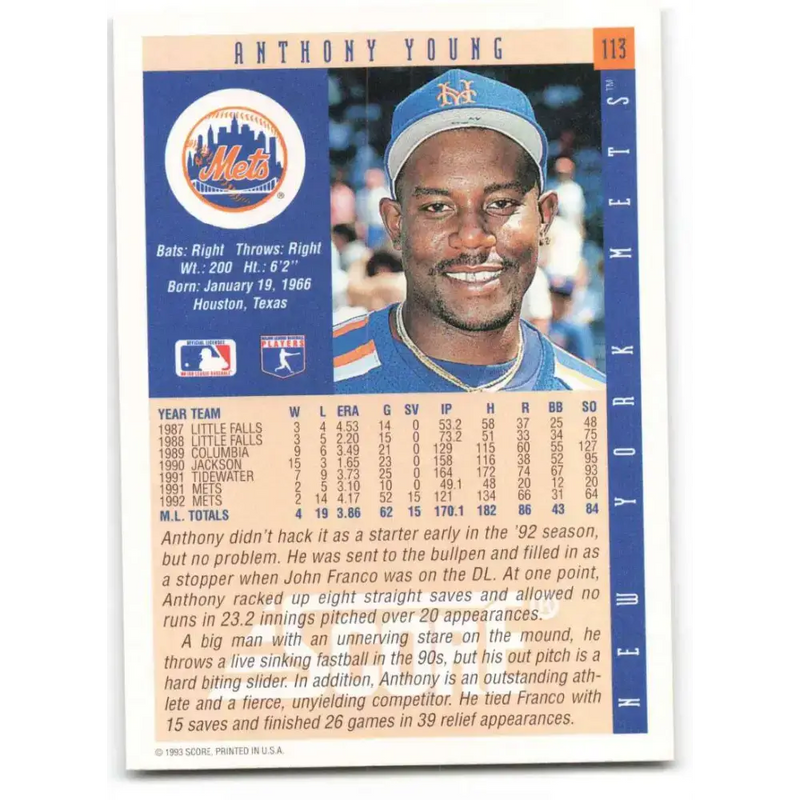 1993 Score #113 Anthony Young NM-MT New York Mets Baseball Card - Baseball Card Single