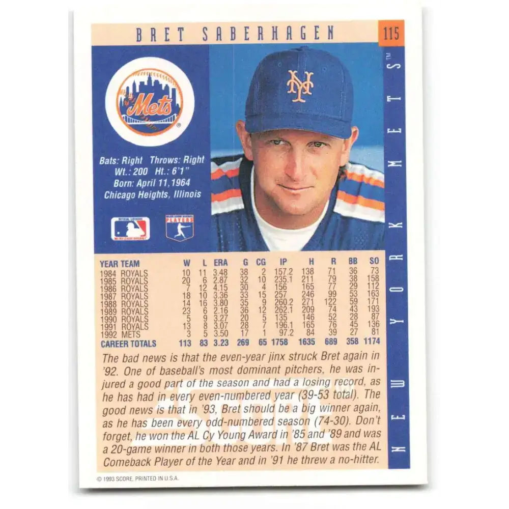 1993 Score #115 Bret Saberhagen NM-MT New York Mets Baseball Card - Baseball Card Single