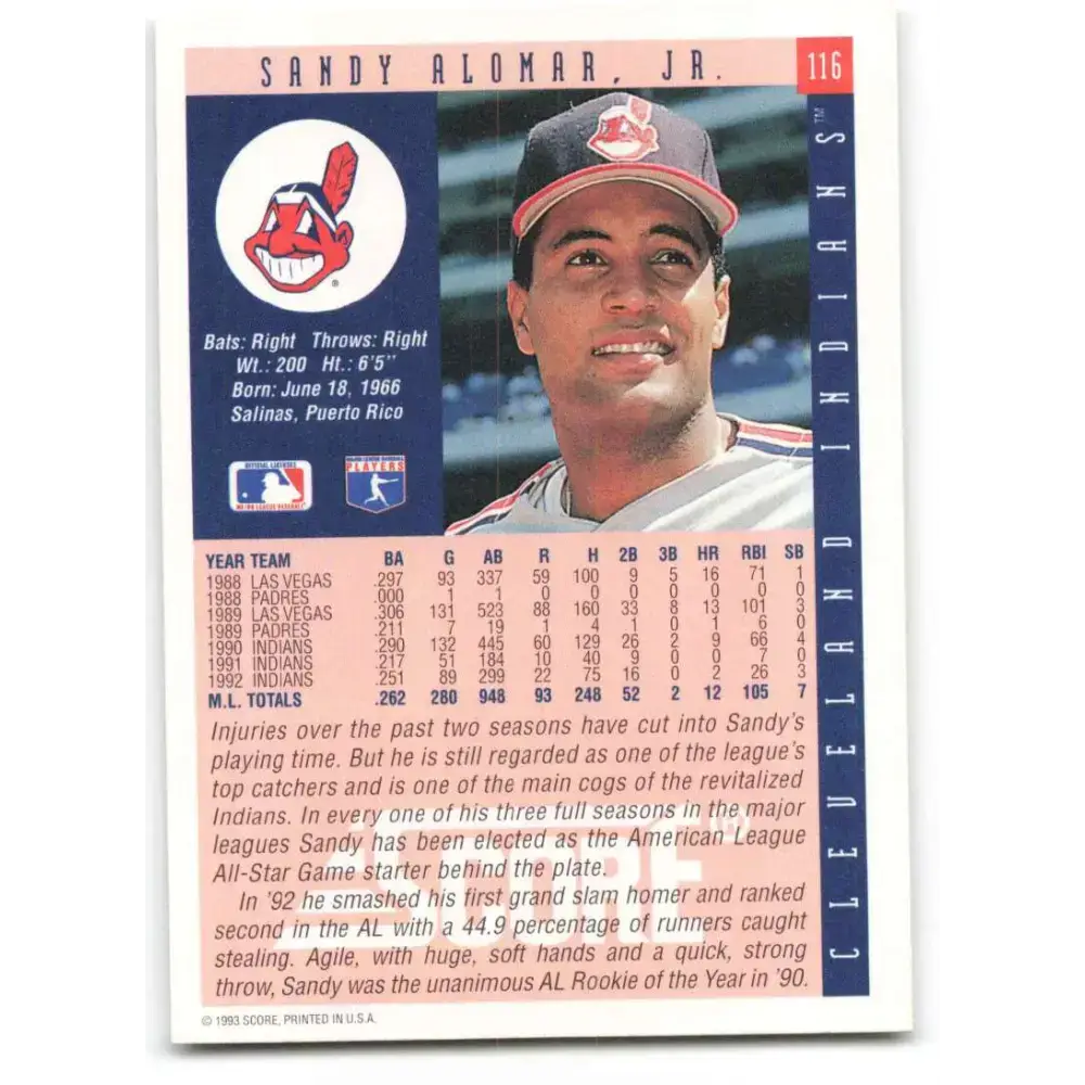 1993 Score #116 Sandy Alomar Jr. NM-MT Cleveland Indians Baseball Card - Baseball Card Single