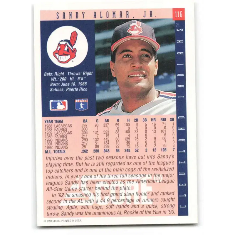 1993 Score #116 Sandy Alomar Jr. NM-MT Cleveland Indians Baseball Card - Baseball Card Single