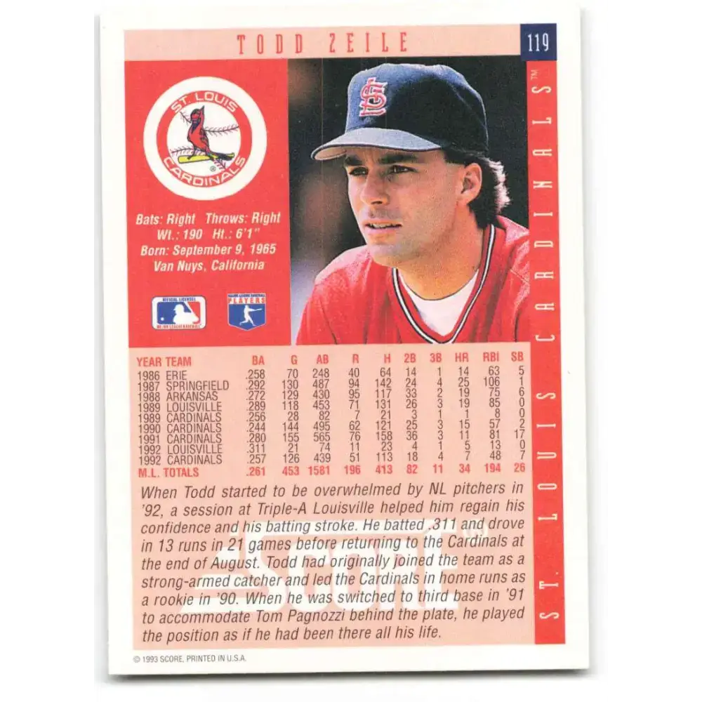 1993 Score #119 Todd Zeile NM-MT St. Louis Cardinals Baseball Card - Baseball Card Single