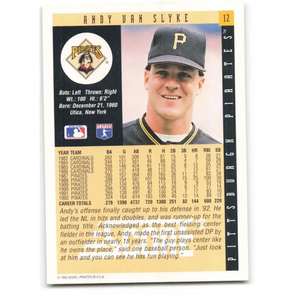 1993 Score #12 Andy Van Slyke NM-MT Pittsburgh Pirates Baseball Card - Baseball Card Single