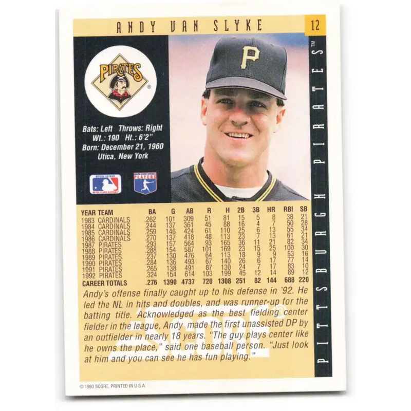 1993 Score #12 Andy Van Slyke NM-MT Pittsburgh Pirates Baseball Card - Baseball Card Single