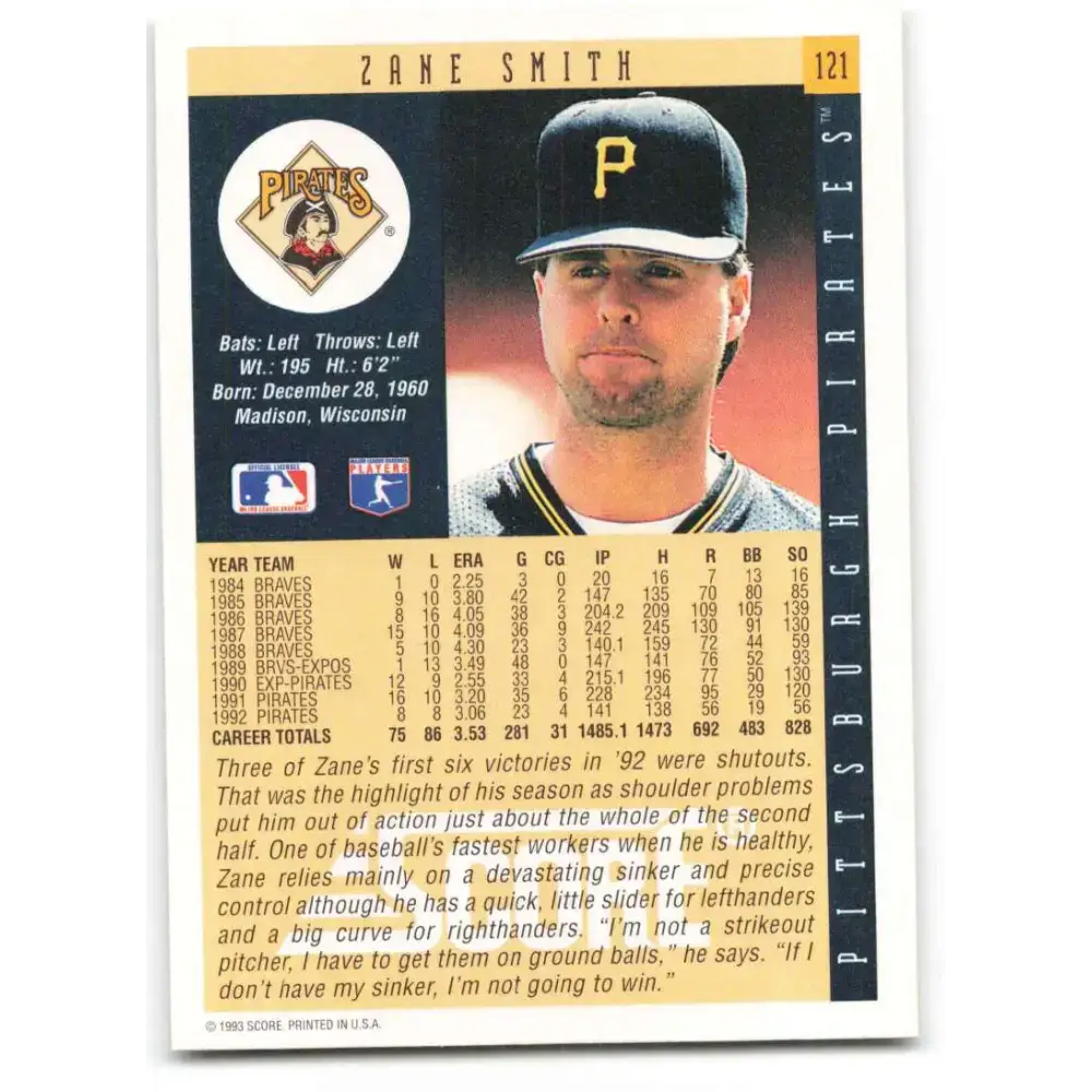1993 Score #121 Zane Smith NM-MT Pittsburgh Pirates Baseball Card - Baseball Card Single