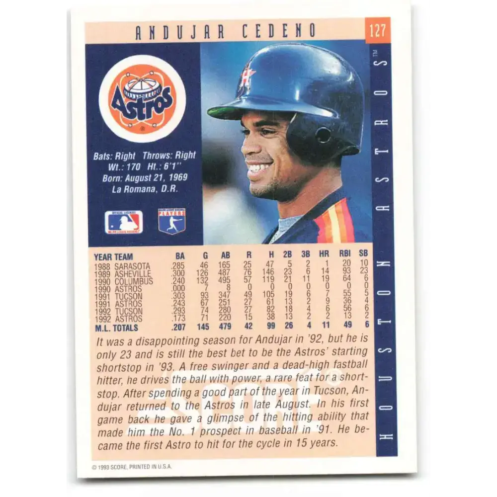 1993 Score #127 Andujar Cedeno NM-MT Houston Astros Baseball Card - Baseball Card Single