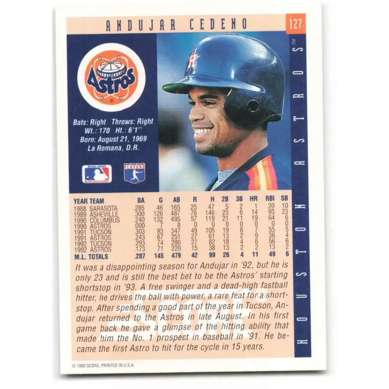 1993 Score #127 Andujar Cedeno NM-MT Houston Astros Baseball Card - Baseball Card Single