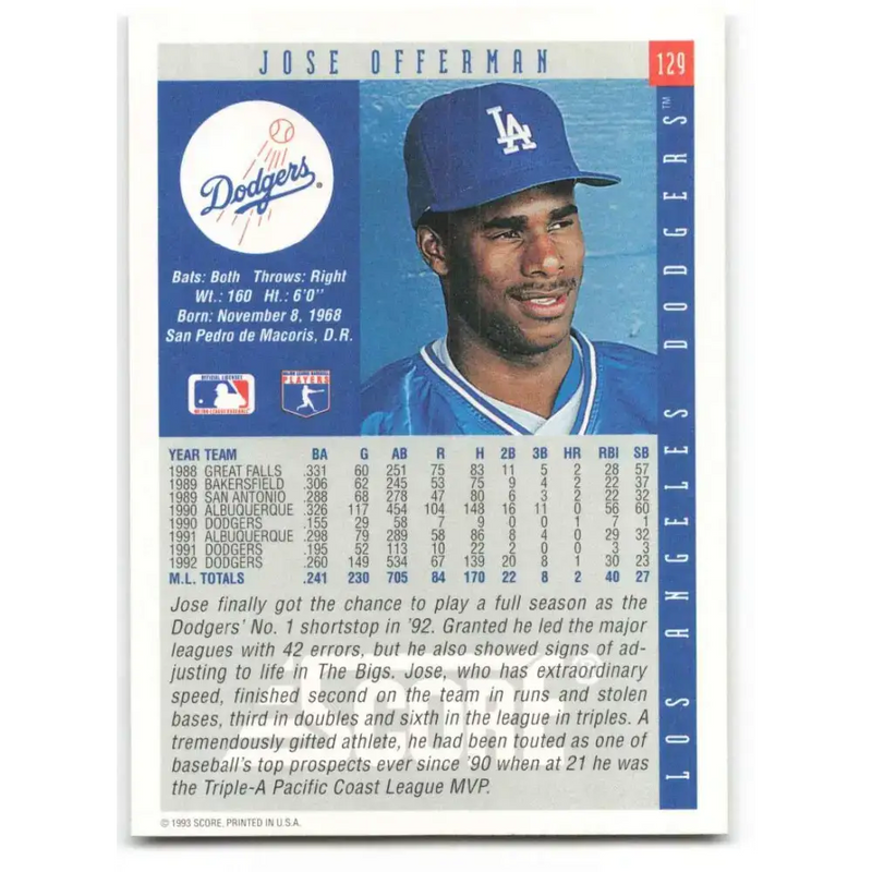 1993 Score #129 Jose Offerman NM-MT Los Angeles Dodgers Baseball Card - Baseball Card Single