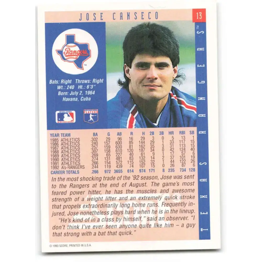 1993 Score #13 Jose Canseco NM-MT Texas Rangers Baseball Card - Baseball Card Single