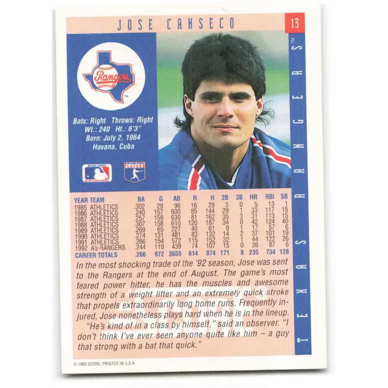 1993 Score #13 Jose Canseco NM-MT Texas Rangers Baseball Card - Baseball Card Single