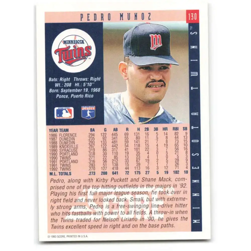 1993 Score #130 Pedro Munoz NM-MT Minnesota Twins Baseball Card - Baseball Card Single