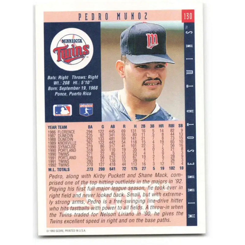 1993 Score #130 Pedro Munoz NM-MT Minnesota Twins Baseball Card - Baseball Card Single