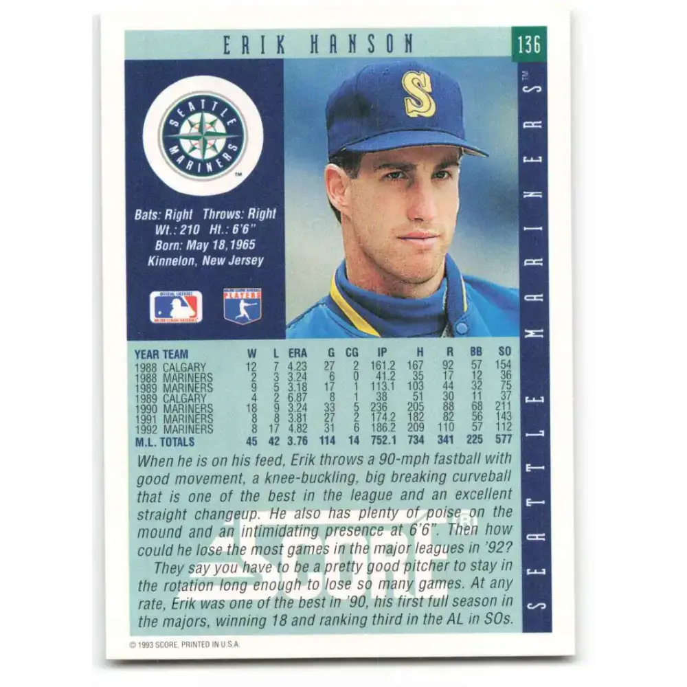 1993 Score #136 Erik Hanson NM-MT Seattle Mariners Baseball Card - Baseball Card Single