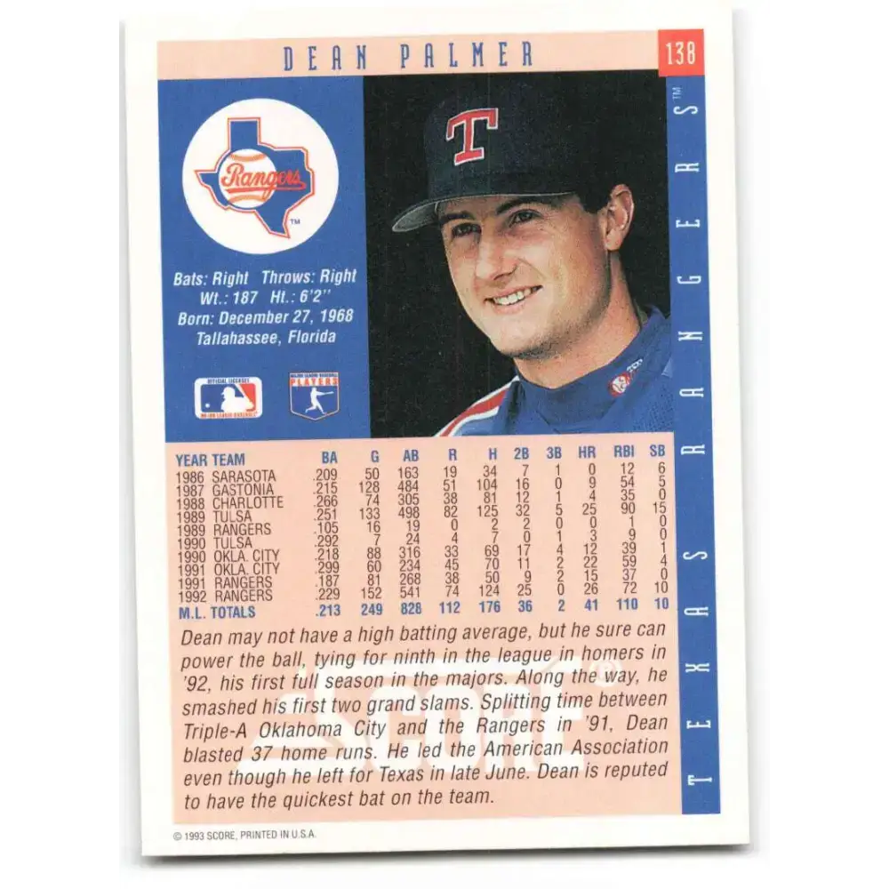 1993 Score #138 Dean Palmer NM-MT Texas Rangers Baseball Card - Baseball Card Single