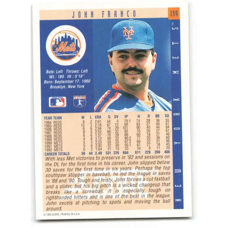 1993 Score #139 John Franco NM-MT New York Mets Baseball Card - Baseball Card Single