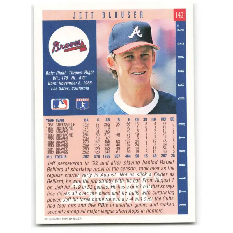 1993 Score #142 Jeff Blauser NM-MT Atlanta Braves Baseball Card - Baseball Card Single