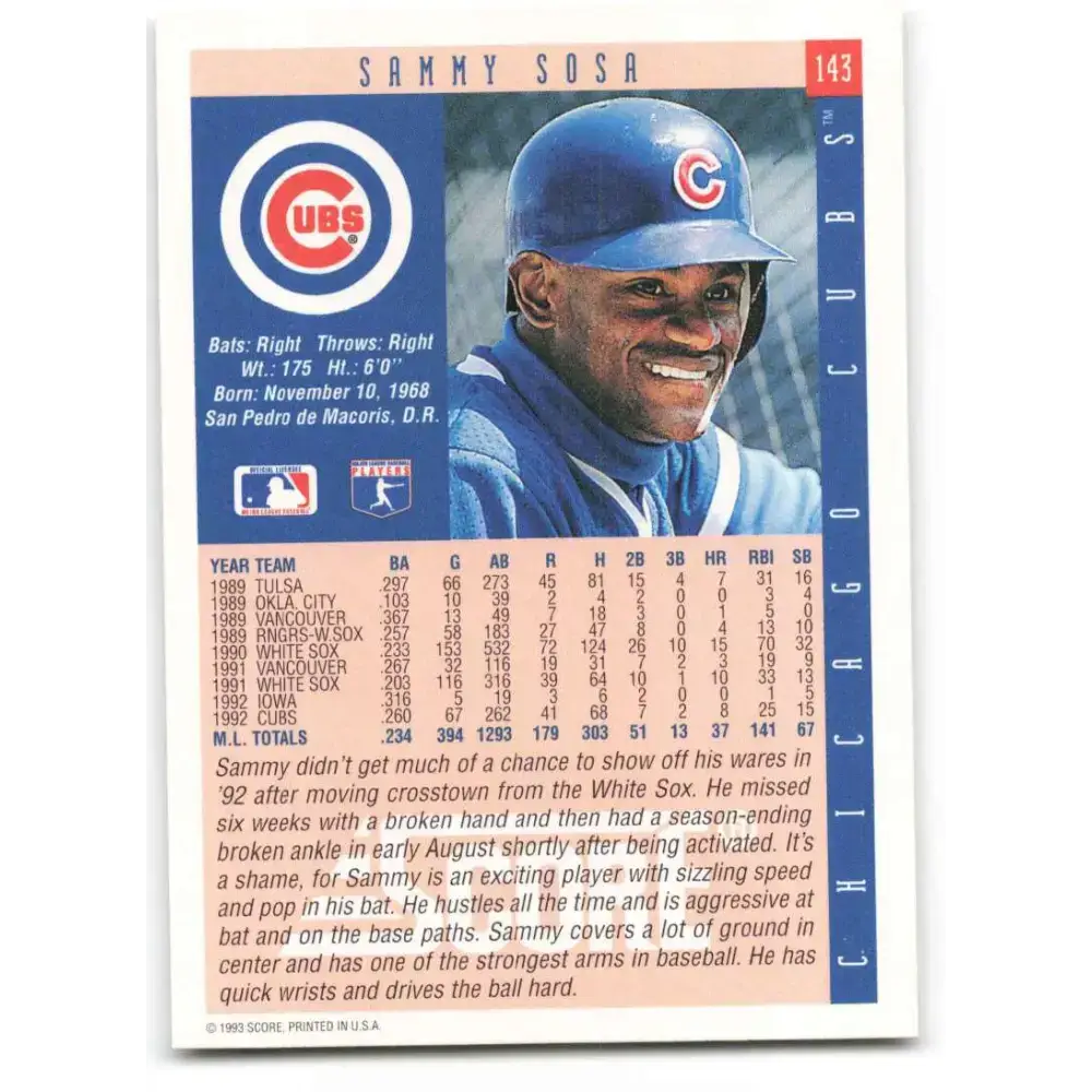 1993 Score #143 Sammy Sosa NM-MT Chicago Cubs Baseball Card - Baseball Card Single