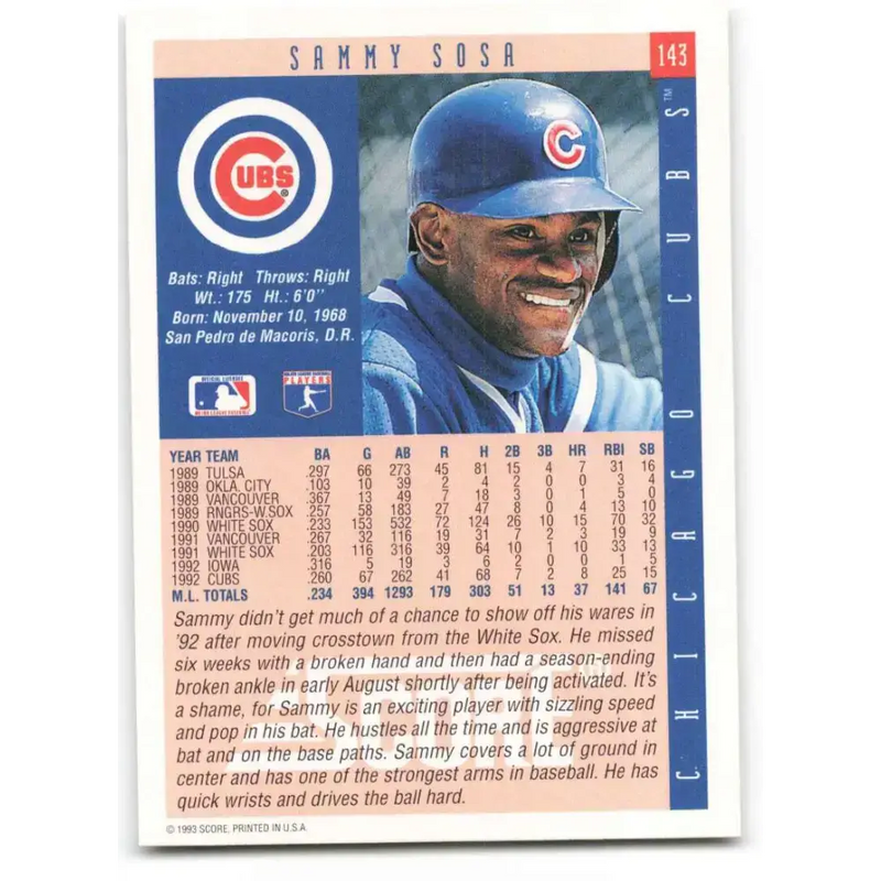 1993 Score #143 Sammy Sosa NM-MT Chicago Cubs Baseball Card - Baseball Card Single