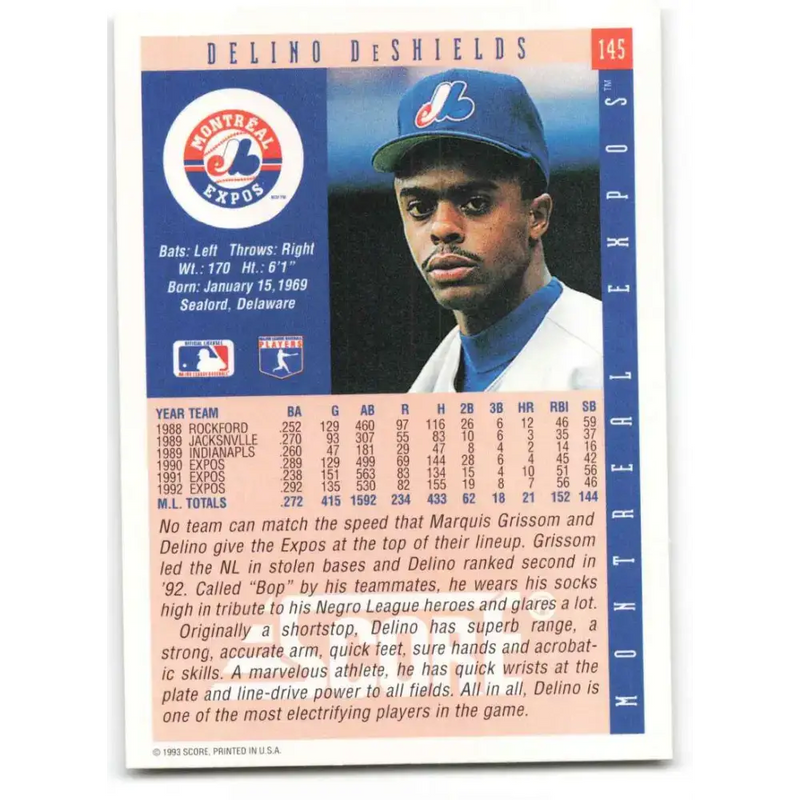1993 Score #145 Delino DeShields NM-MT Montreal Expos Baseball Card - Baseball Card Single