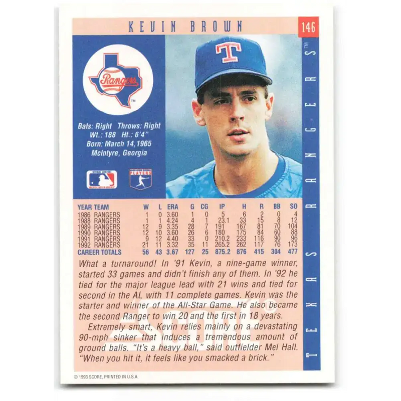 1993 Score #146 Kevin Brown NM-MT Texas Rangers Baseball Card - Baseball Card Single